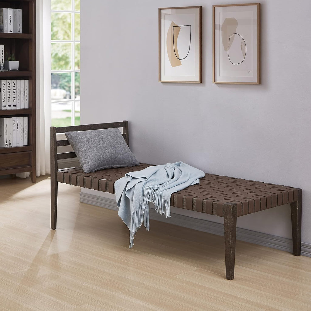 Ball & Cast Mid Century Daybed Faux Leather Woven Chaise Lounge Weave Leather Bench, 58 Inch Dark Brown