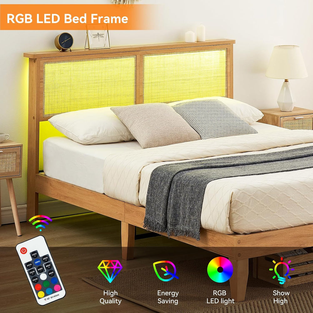 IDEALHOUSE Queen Size Rattan LED Platform Bed, Natural