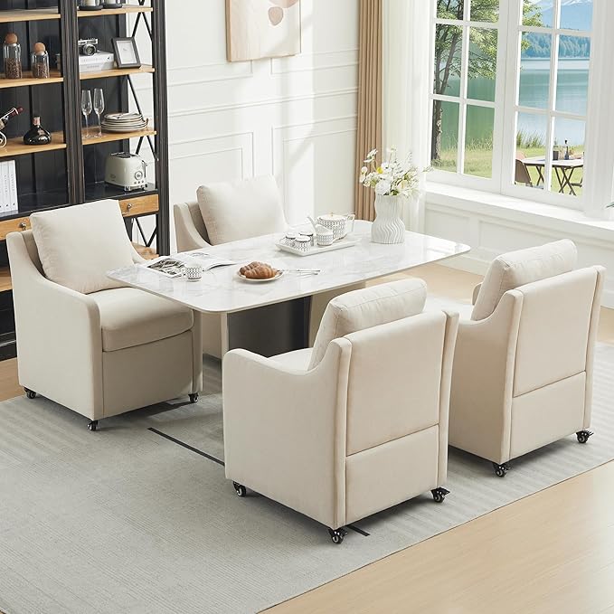Rolling Dining Chair with Wheels, Upholstered Modern Single Armchair with Casters for Kitchen (4, Fabric Beige)