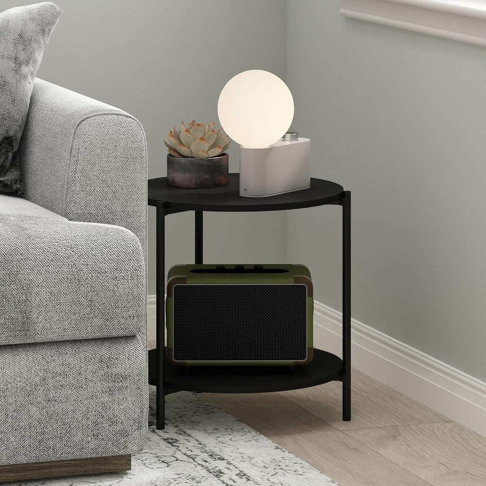Furinno Besi 2-Tier Wide Round Side Table with Metal Legs, Metal Black End Ta...
