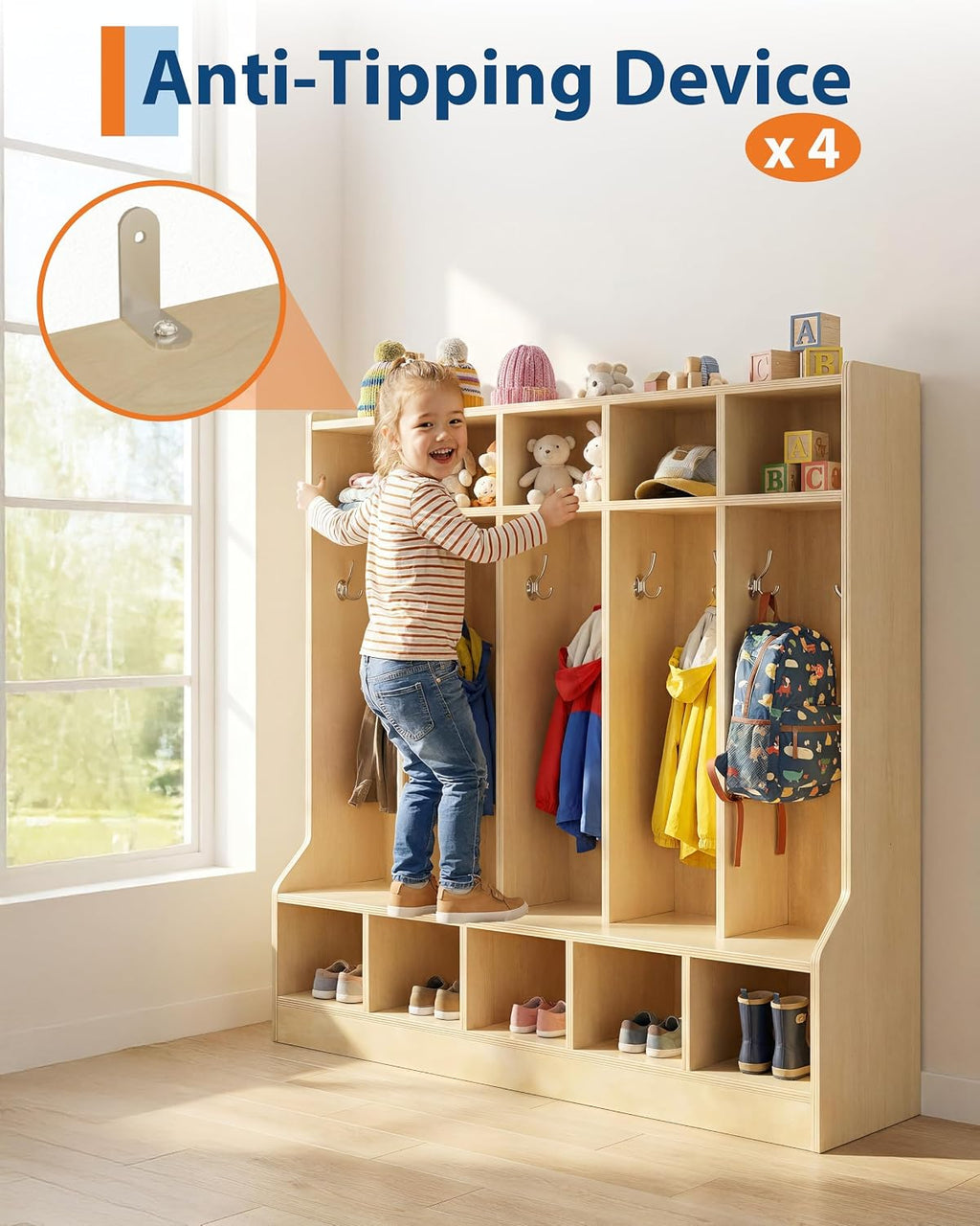 Kids Coat Locker with Bench – 10 Cubbies, 10 Hooks, Storage Organizer – Smooth Wood Finish, Hidden Casters – Ideal for Nursery, Home, Study Room – Large Size Natural Wood Color