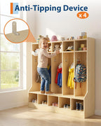 Kids Coat Locker with Bench – 10 Cubbies, 10 Hooks, Storage Organizer – Smooth Wood Finish, Hidden Casters – Ideal for Nursery, Home, Study Room – Large Size Natural Wood Color