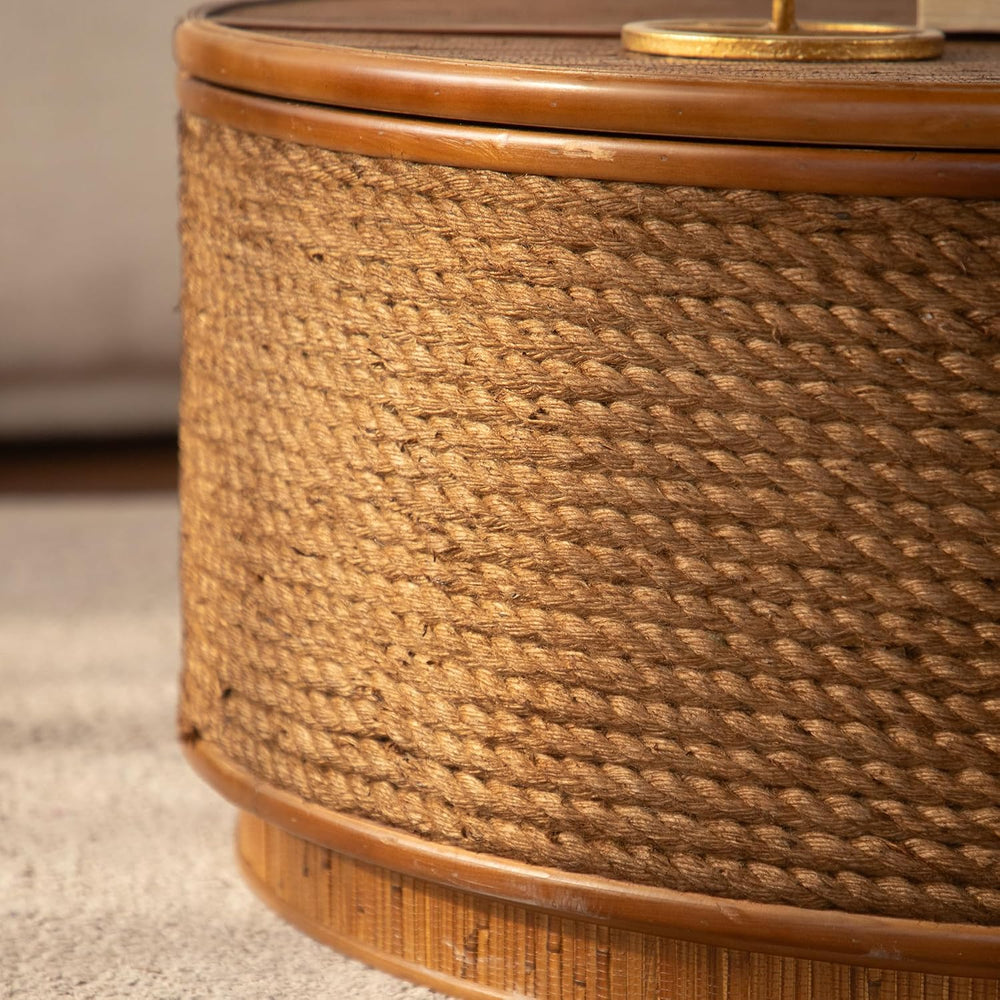 Round Rattan Coffee Table Set of 2 with Lift-Off Lid Storage, Boho-Chic End T...