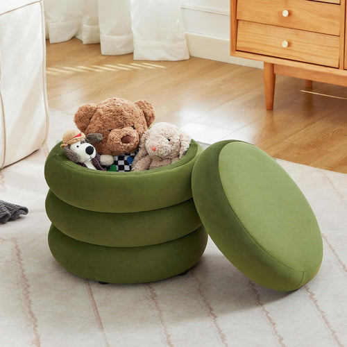 19.5 Inch Round Storage Ottoman, Modern Velvet Ottoman Coffee Table with Removable Top, Green Vanity Stool with Storage for Bedroom, Living Room, Dorm, Set of 2