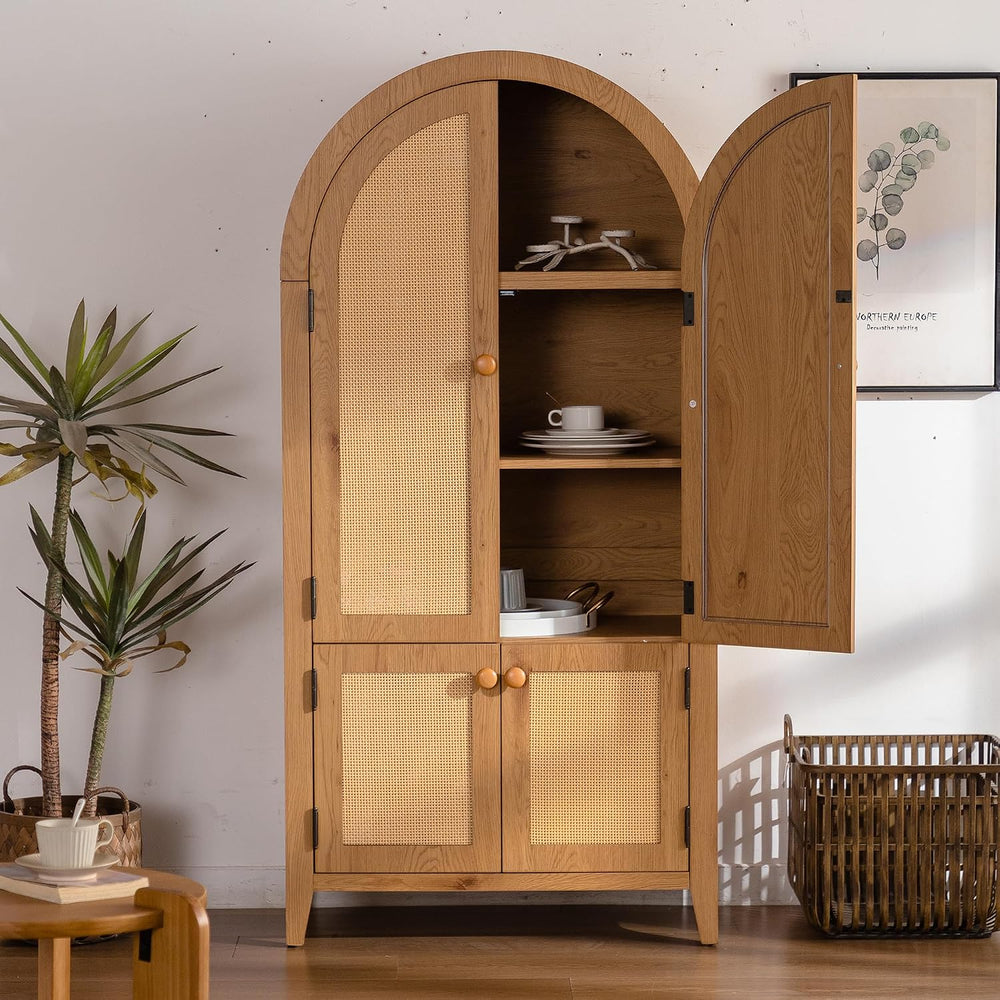 Kitchen Pantry Cabinet, Wooden Sideboard with Rattan Doors, Snacks Wine Accen...