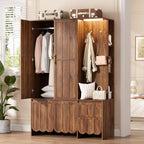 Armoire Wardrobe Closet with 2 Drawers, 3 Open Shelves, Sensor Light, 71” Tall Bedroom Armoire with Hanging Hooks and 2 Doors, Modern Fluted Wooden Closet Combination with Large Storage, Walnut
