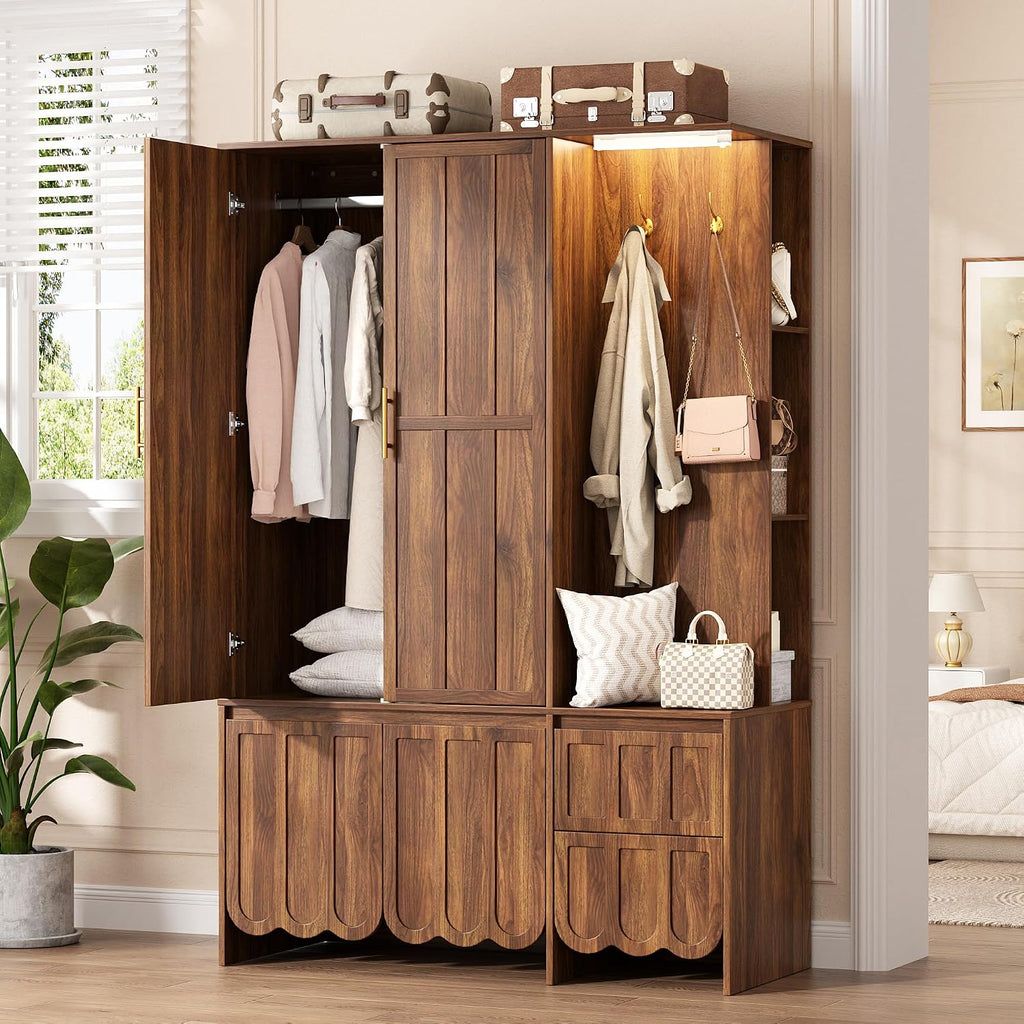 Armoire Wardrobe Closet with 2 Drawers, 3 Open Shelves, Sensor Light, 71” Tall Bedroom Armoire with Hanging Hooks and 2 Doors, Modern Fluted Wooden Closet Combination with Large Storage, Walnut