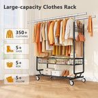 Heavy Duty Clothes Rack with Metal Basket, 720 LBS Rolling Double Rod Garment Rack, Portable Extendable Clothing Rack with Wheel for Bedroom, Laundry Room & Retail Store