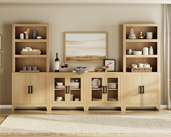 WAMPAT Entertainment Center with Bookshelves, 4-Piece Modular TV Stand with Storage Towers, Farmhouse Media Console with Glass Doors for Living Room, Bedroom, Oak