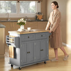 HOMCOM Kitchen Island Cart with Solid Wood Top 44" Mobile Gray | Kitchen Island Table, on Wheels, Storage Cabinets, 2 Drawers, Adjustable Shelves, Spice Rack & Towel Bar, for Dining Room