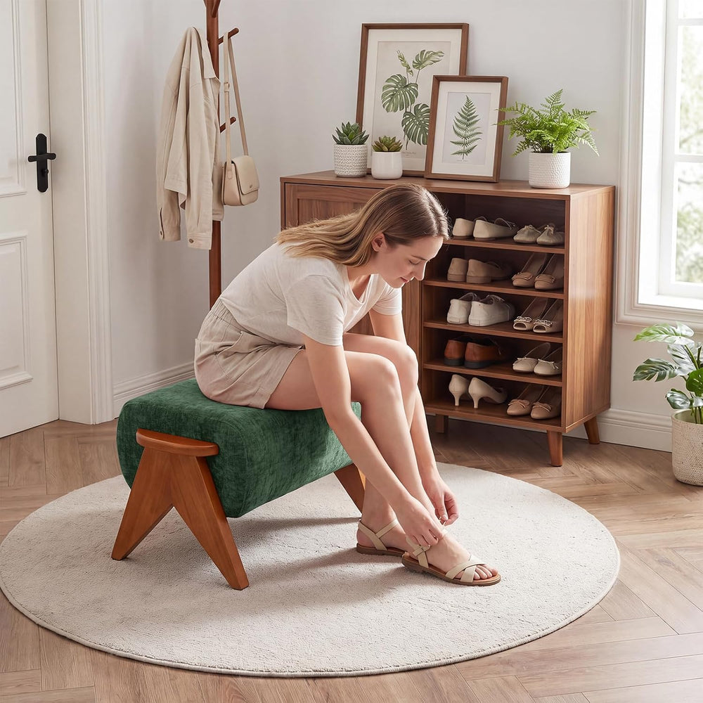 Linen Padded footstools Mid Century Modern Ottoman with Wood Frame, Lounge Up...