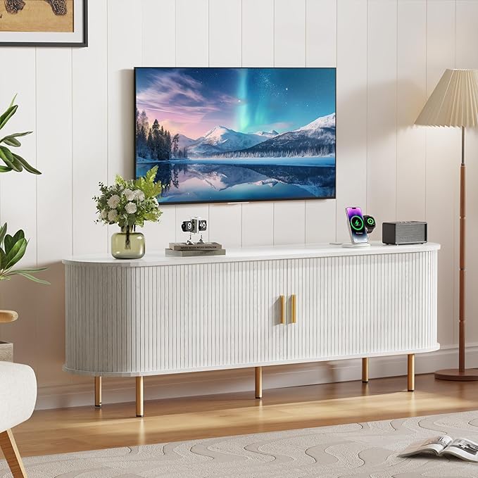 DHH 63 Inch Mid Century Modern TV Stand with Power Outlet for TVs up to 70 Inch, Entertainment Center with Storage and Adjustable Shelves, Media Console with Sliding Doors for Living Room(White)