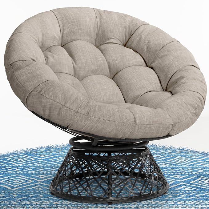 Bme 40" Ergonomic Wicker Papasan Chair with Soft Thick Density Fabric Cushion, High Capacity Steel Frame, 360 Degree Swivel for Living, Bedroom, Reading Room, Lounge, Silver Cloud - Black Base