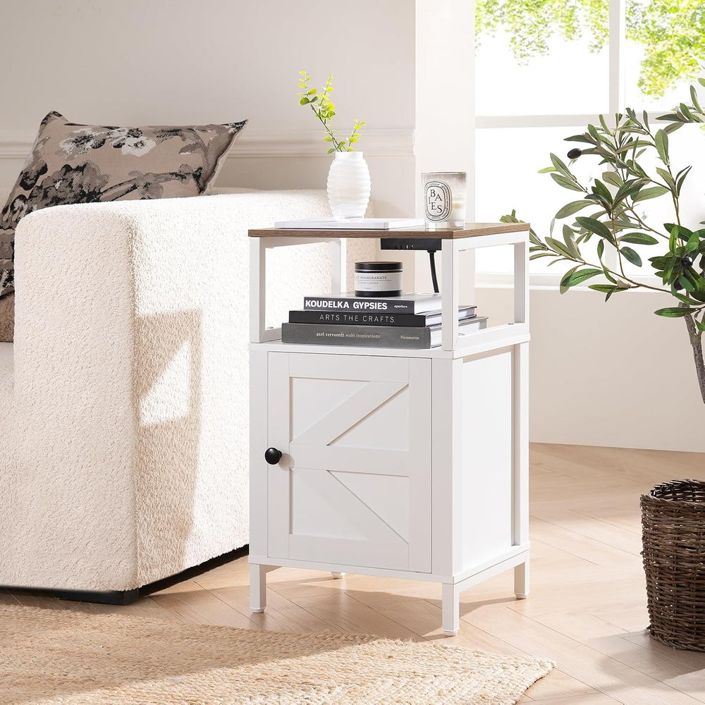 Yoobure Farmhouse NightStand with Charging Station，Wood Night Stand End Table...