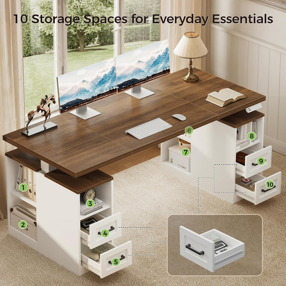55 Inch Farmhouse Standing Desk with Storage Drawers, Walnut White