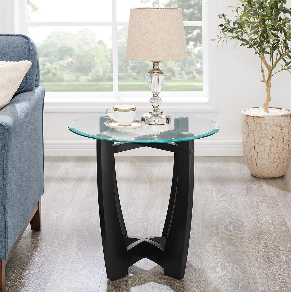 Round End Table with Clear Tempered Glass Top, Black Wood Base, 23.5 Inch, Co...