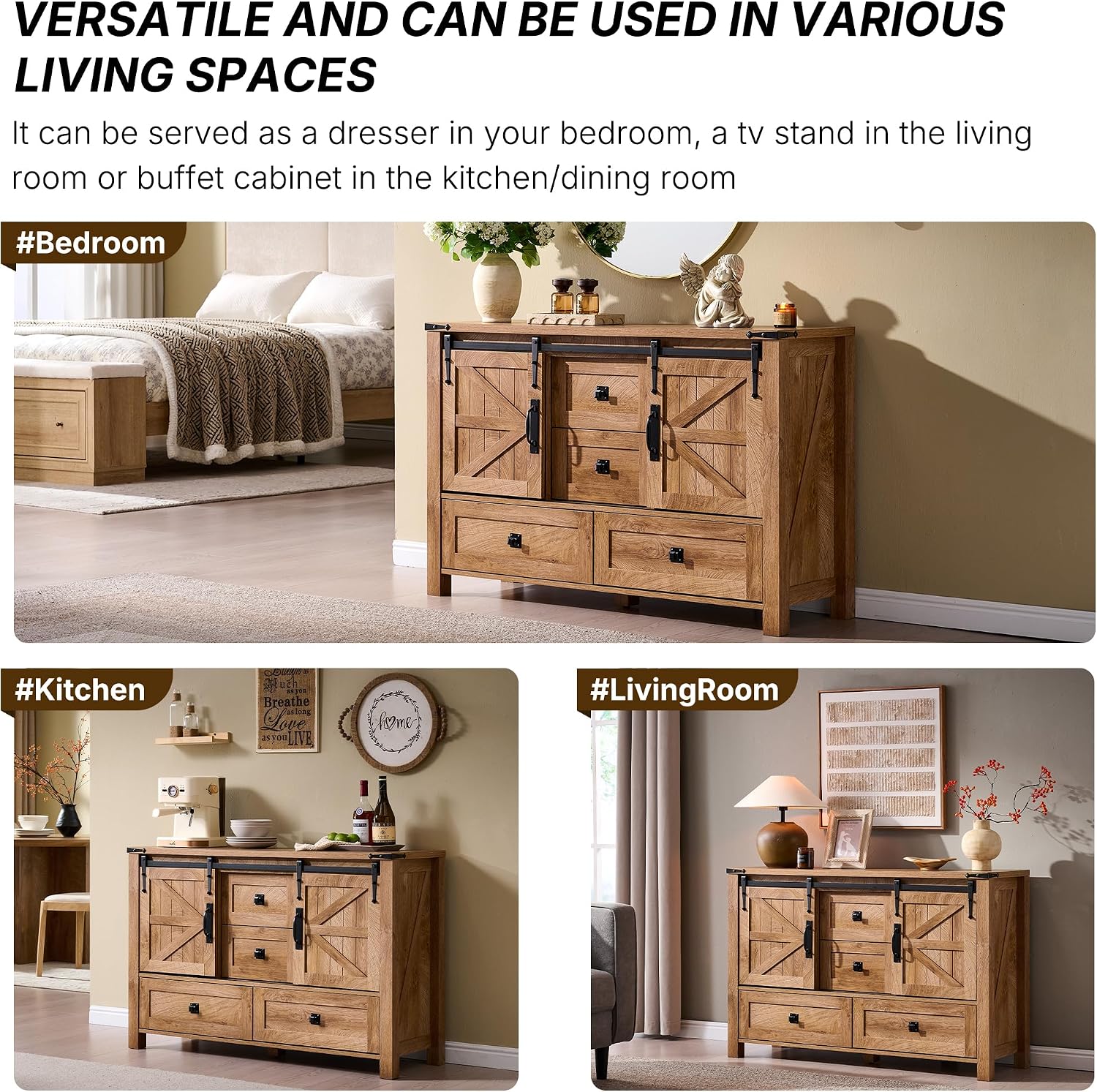 T4TREAM 48" Wide Farmhouse Sideboard Buffet Cabinet, Light Tree Knot | 31.2" Tall Kitchen Cabinet with Storage, 2 Sliding Barn Doors, 4 Drawers, Rustic Wood, Coffee Bar Table, Dining Room