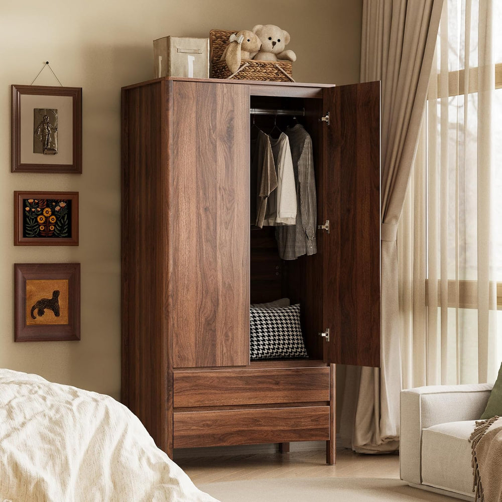 MAISONARIA Wardrobe with 2 Doors and 2 Drawers, 70.9”H Modern Walnut Bedroom ...
