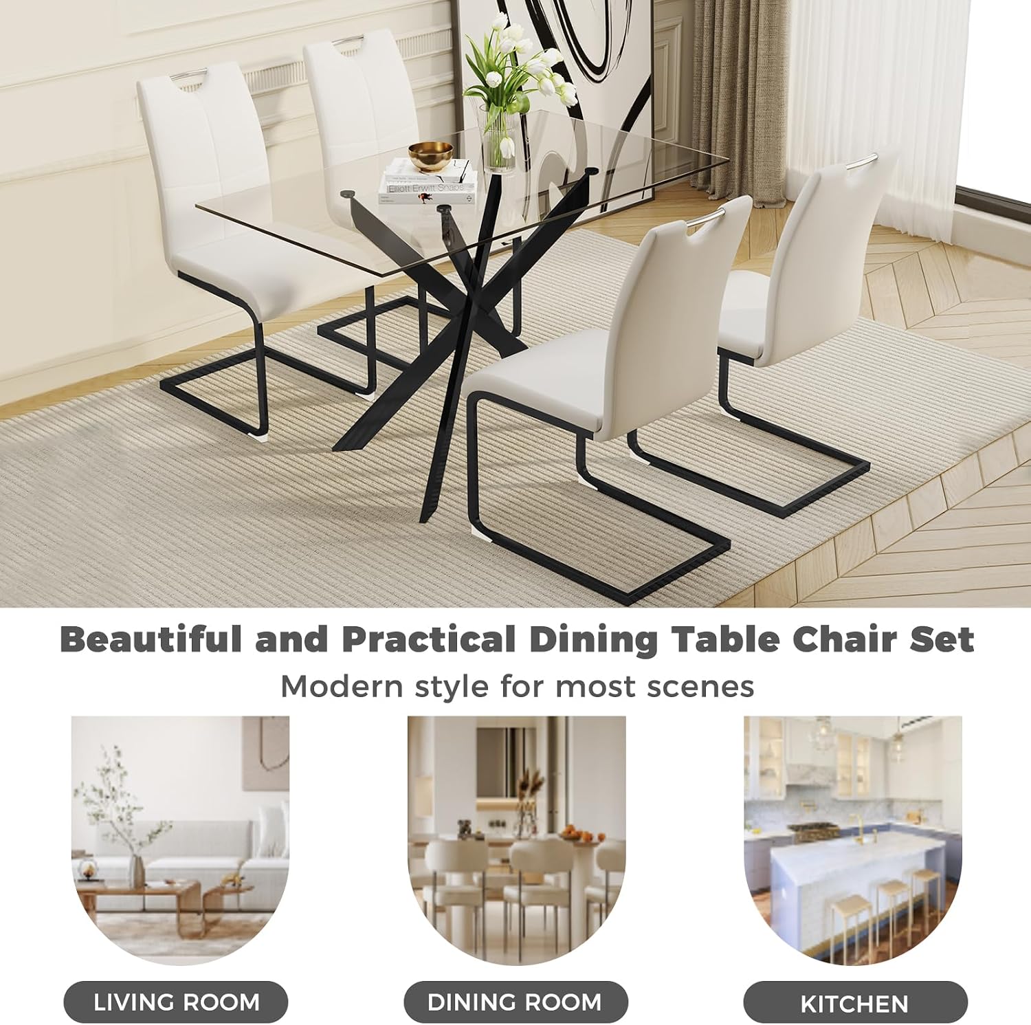 51.18" W Glass Dining Table Set for 4, Modern Rectangular Glass Kitchen Table with Black Metal Legs, 4 PU Leather Chairs with Black Legs, for Dining Room, Home -White