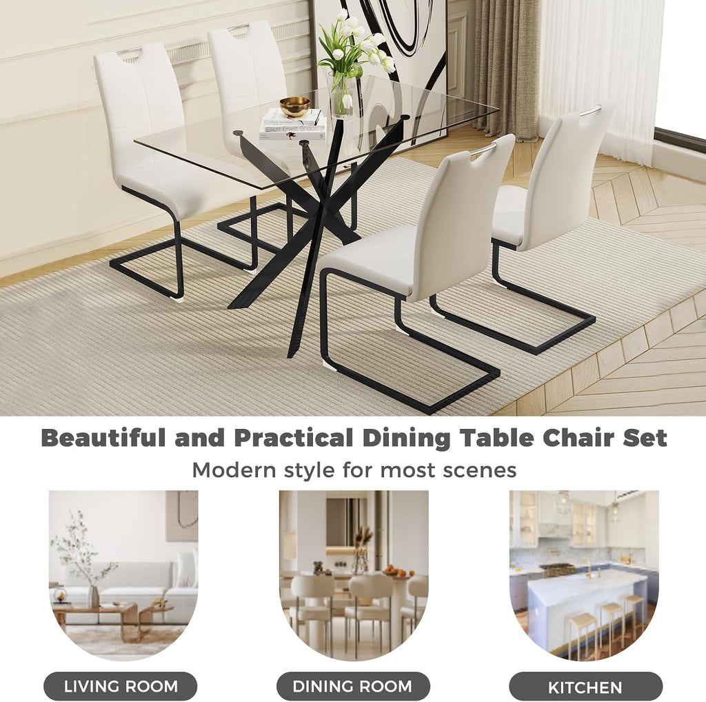 51.18" W Glass Dining Table Set for 4, Modern Rectangular Glass Kitchen Table with Black Metal Legs, 4 PU Leather Chairs with Black Legs, for Dining Room, Home -White