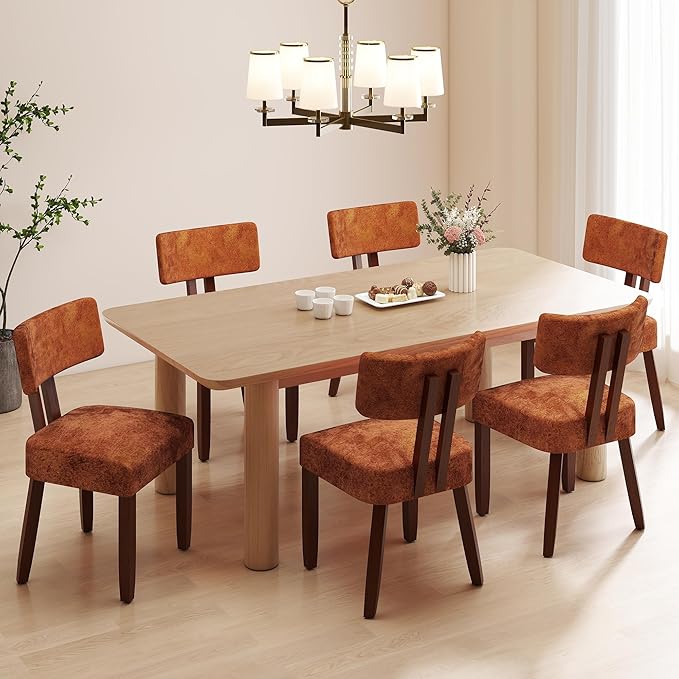 GOTMINSI Mid Century Modern Dining Chairs,Velvet Farmhouse Upholstered Kitchen Chairs, Accent Curved Backrest Dining Room Chairs with Hardwood Legs (Caramel-Walnut Legs, 6PCS)