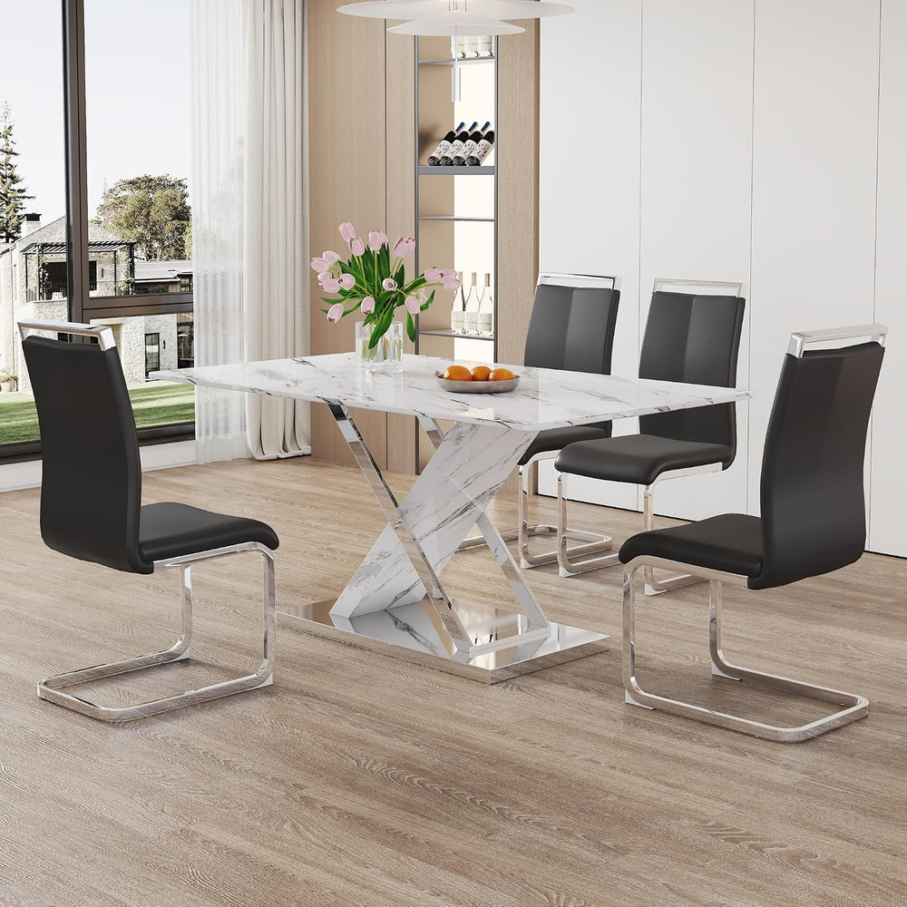 Marble Dining Table Set for 4,63 in White Rectangular Table with Sliver Metal...