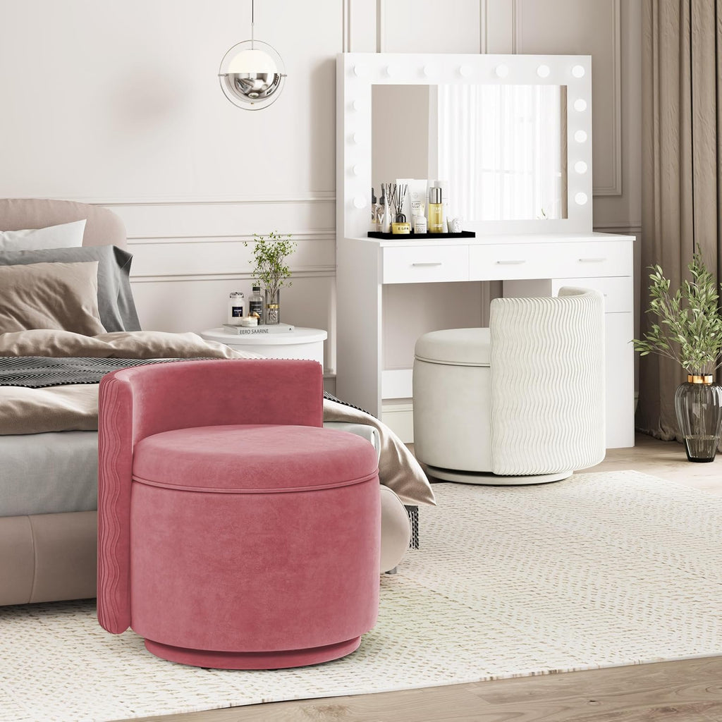 allamazing 360° Swivel Accent Chair with Storage, Vanity Stool with Back, Velvet Storage Ottoman, Upholstered Round Barrel Vanity Chair for Living Room, Makeup Room, Bedroom (Dusty Rose)
