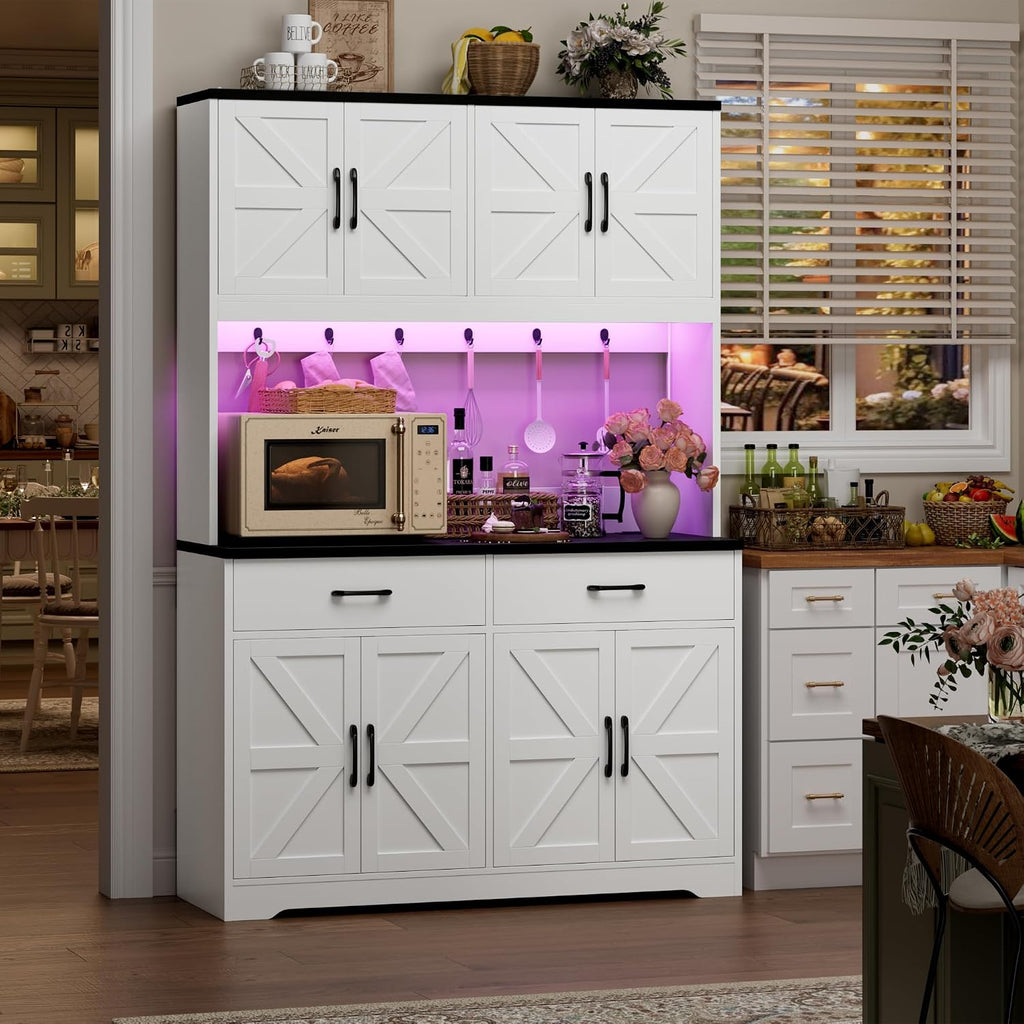 HIFIT 71" LED Pantry Cabinet with Charging Station, Tall Coffee Bar Cabinet | Farmhouse Kitchen Hutch Cabinet with Storage, Large Countertop, 7 Metal Cup Hooks, White+Black