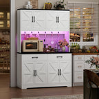 HIFIT 71" LED Pantry Cabinet with Charging Station, Tall Coffee Bar Cabinet | Farmhouse Kitchen Hutch Cabinet with Storage, Large Countertop, 7 Metal Cup Hooks, White+Black