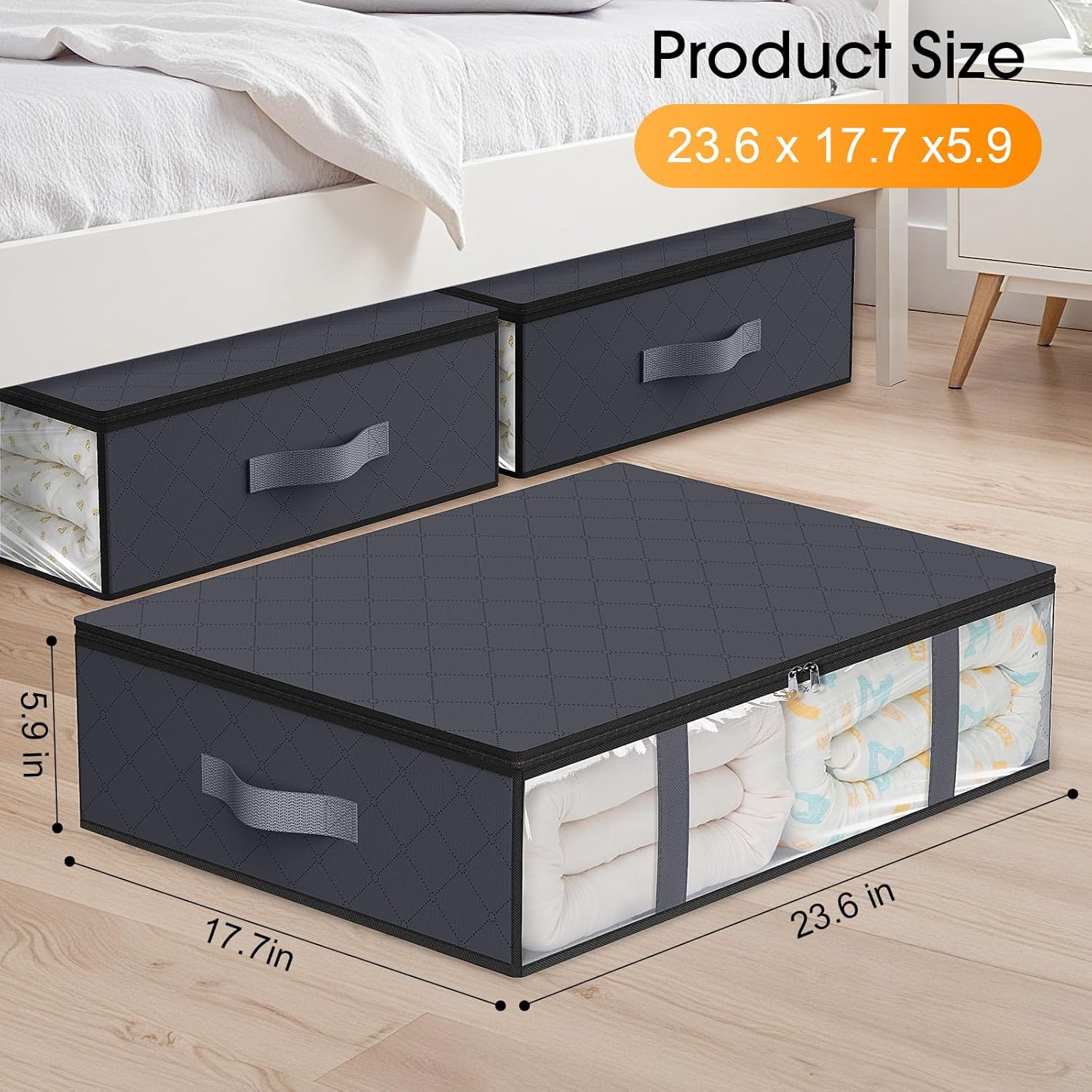 StorageRight Under Bed Storage Bins, 2-Pack 40L Foldable Fabric Storage Bags with Transparent Window, Breathable Organizer for Clothes/Blanket/Comforter/Quilt, Grey