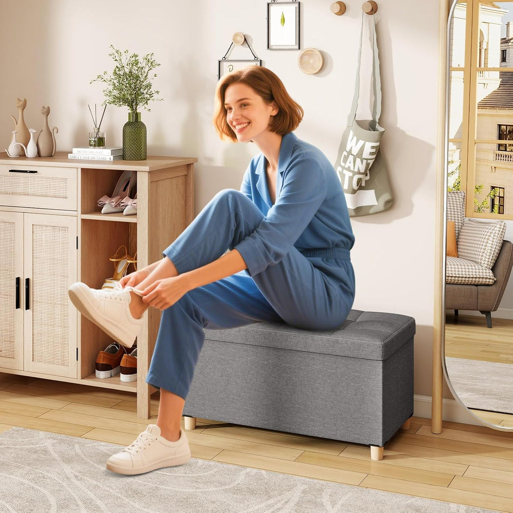 Giantex Storage Ottoman Bench with Tray Lid, Folding Linen Fabric Foot Stool ...