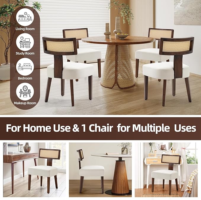 Upholstered Rattan Dining Chairs Set of 4, Mid-Century Modern Fabric Dining Room Chair with Brown Hardwood Frame, Curved Backrest Kitchen Chairs Armless Accent Chairs for Living Room (Cream)