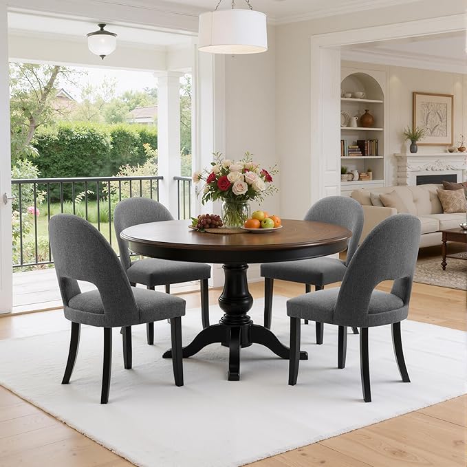 Upholstered Dining Chairs Set of 4, Mid Century Modern Dining Kitchen Chairs with Solid Wood Legs & Fabric Backret for Kitchen and Dining Rome, Grey