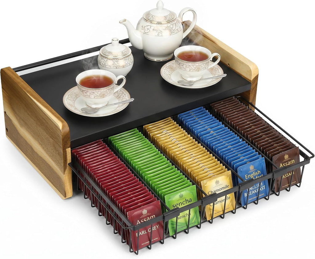 Acacia Wood Tea Bag Organizer for Countertop, 2-Tier Tea Box Storage Chest with Adjustable Dividers & Drawer, Fully Assembled Tea Station Display Holder for Kitchen Office, Rustic Brown