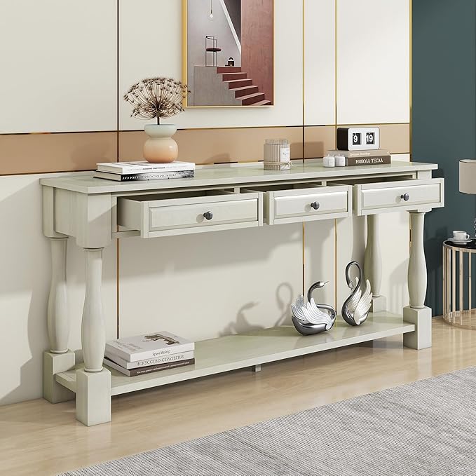 Merax 64" Classic Wood Console Table with Drawers and Bottom Shelf for Entryway Hallway Living Room (Antique White)