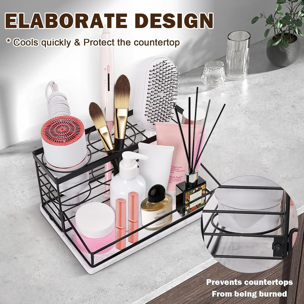 Hair Tool Organizer, Movable Hair Dryer Holder, Hair Styling Tools Storage for Vanity, Bath Counter Organizer, Bathroom Trays for Hair Toiletry, Makeup (12" x 7.7" x 5.8", Marble-Black)