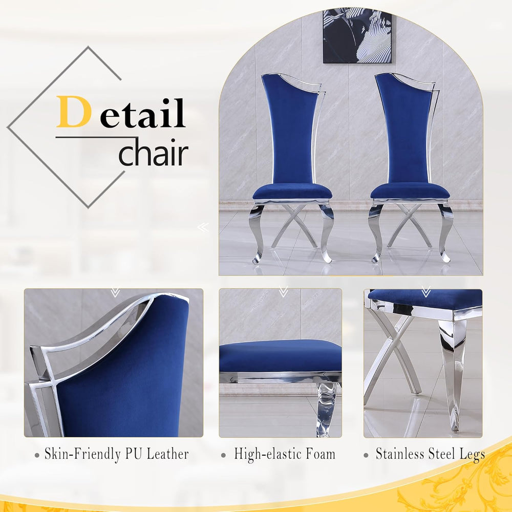 70 in Faux Marble Dining Table Set for 6, Large Kitchen Table and Blue Velvet...