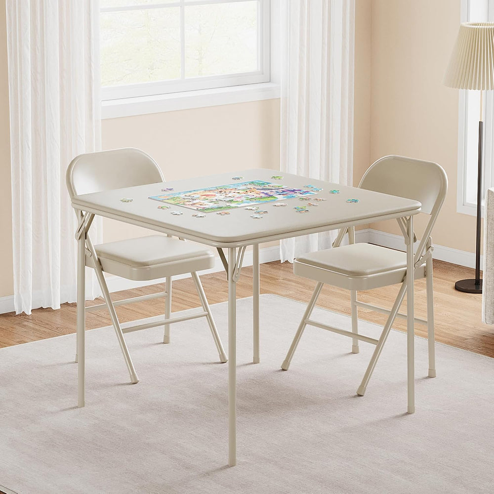 IDEALHOUSE 3-Piece Dining Table Set, Metal Folding Kitchen Table with 2 Uphol...
