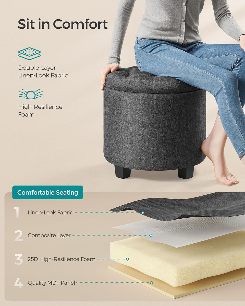 SONGMICS Round Ottoman with Storage, Vanity Stool, Linen-Look Fabric | Uphols...