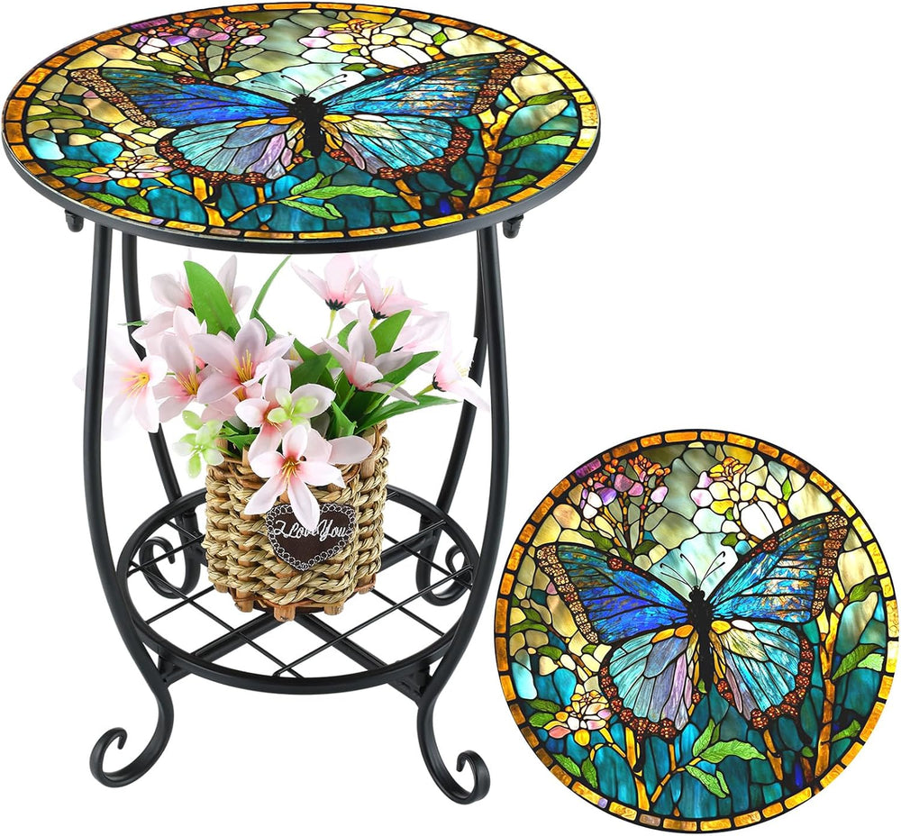 Cinnvoice Outdoor Side Table Round Small Mosaic Patio Accent Indoor End Plant...