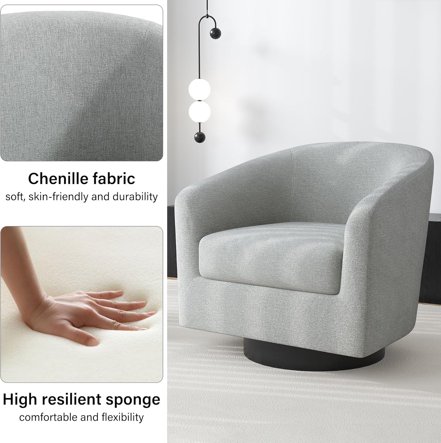 Swivel Barrel Accent Chair, Comfy Reading Armchair, Light Gray, Set of 1 | Low-Back Design | 360° Swivel | Solid Wood Frame | High-Density Foam Seat | Modern Round Style | For Living Room & Bedroom