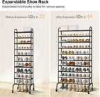 STO STO Expandable Shoe Rack, 10-Tier Metal Tall Shoe Rack for Garage, Up to 44 Pairs Adjustable Shoe Rack Storage for Front Door Entrance, Free Standing Shoe Rack Organizer for Entryway, Black