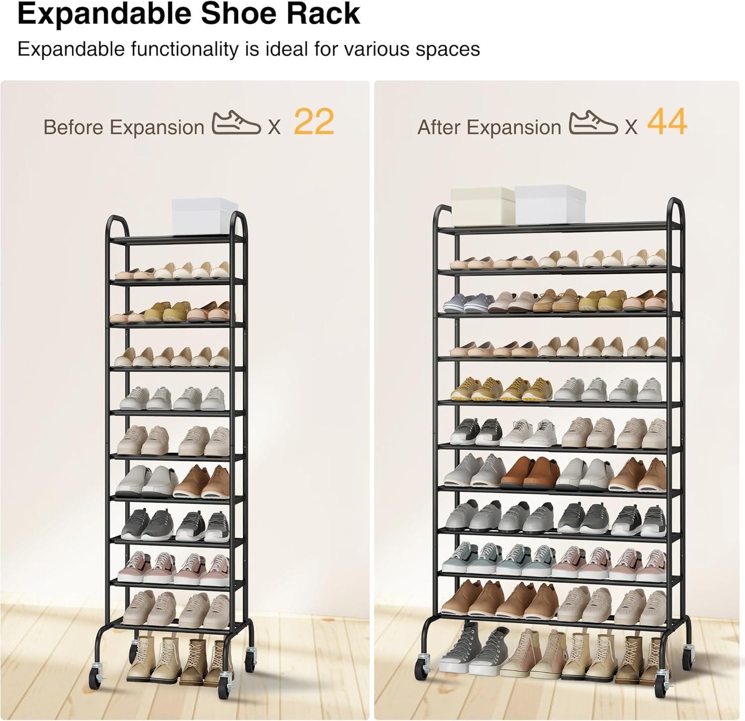 STO STO Expandable Shoe Rack, 10-Tier Metal Tall Shoe Rack for Garage, Up to 44 Pairs Adjustable Shoe Rack Storage for Front Door Entrance, Free Standing Shoe Rack Organizer for Entryway, Black