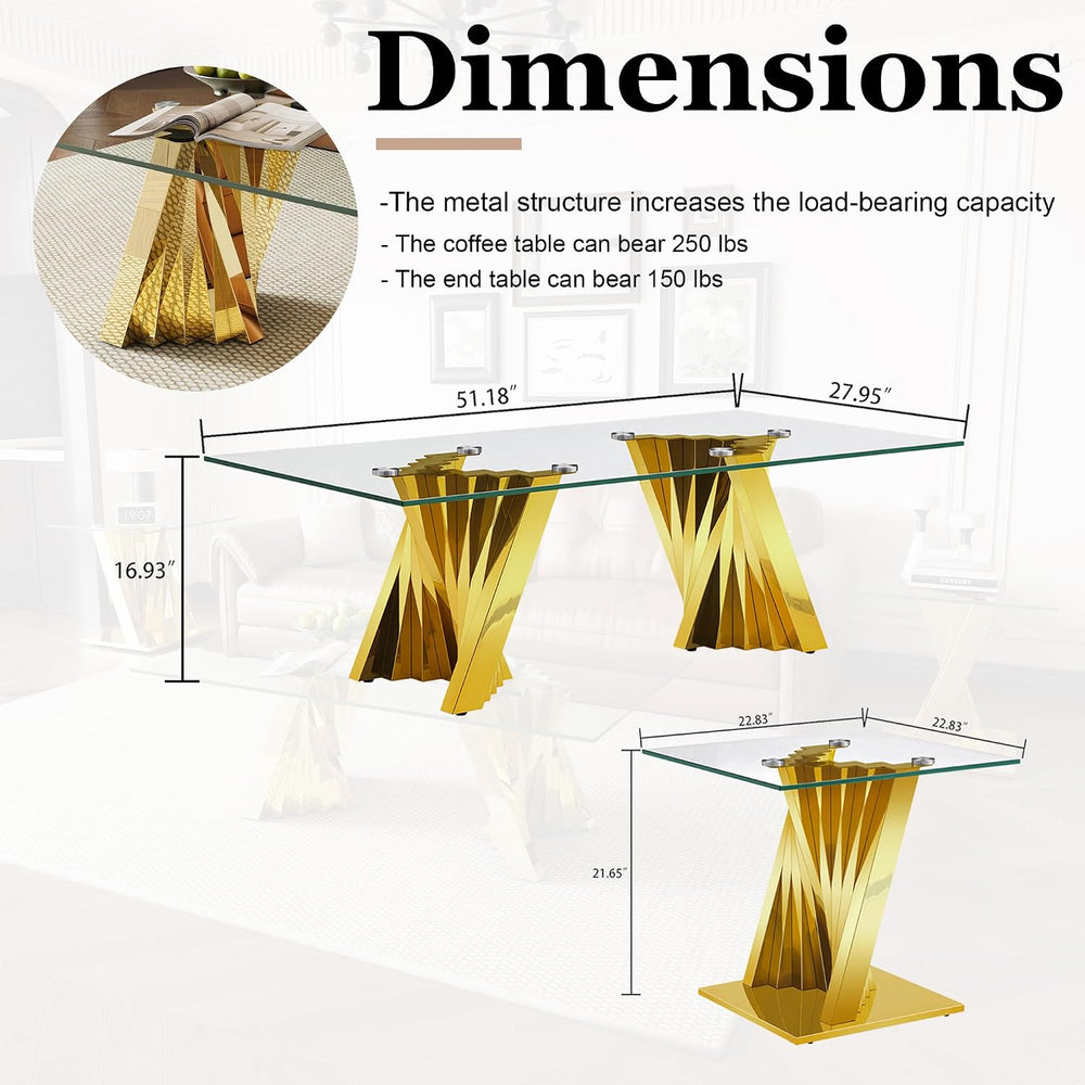 3 Piece Living Room Set, 51" Glass Coffee Table and 2 End Tables with Te...