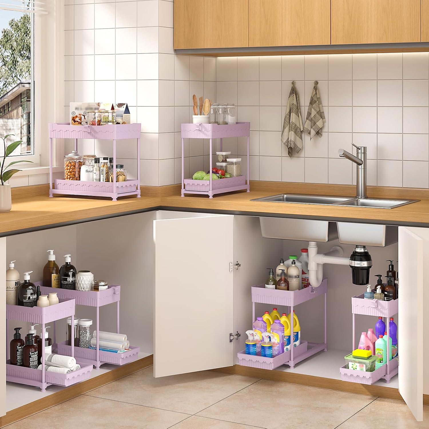 3 Pack Under Sink Organizers, 2-Tier Multi-Use Kitchen and Bathroom Organizers and Storage with Sliding Drawers，Bathroom Cabinet Organizer (Pink, 14.8 Inch)