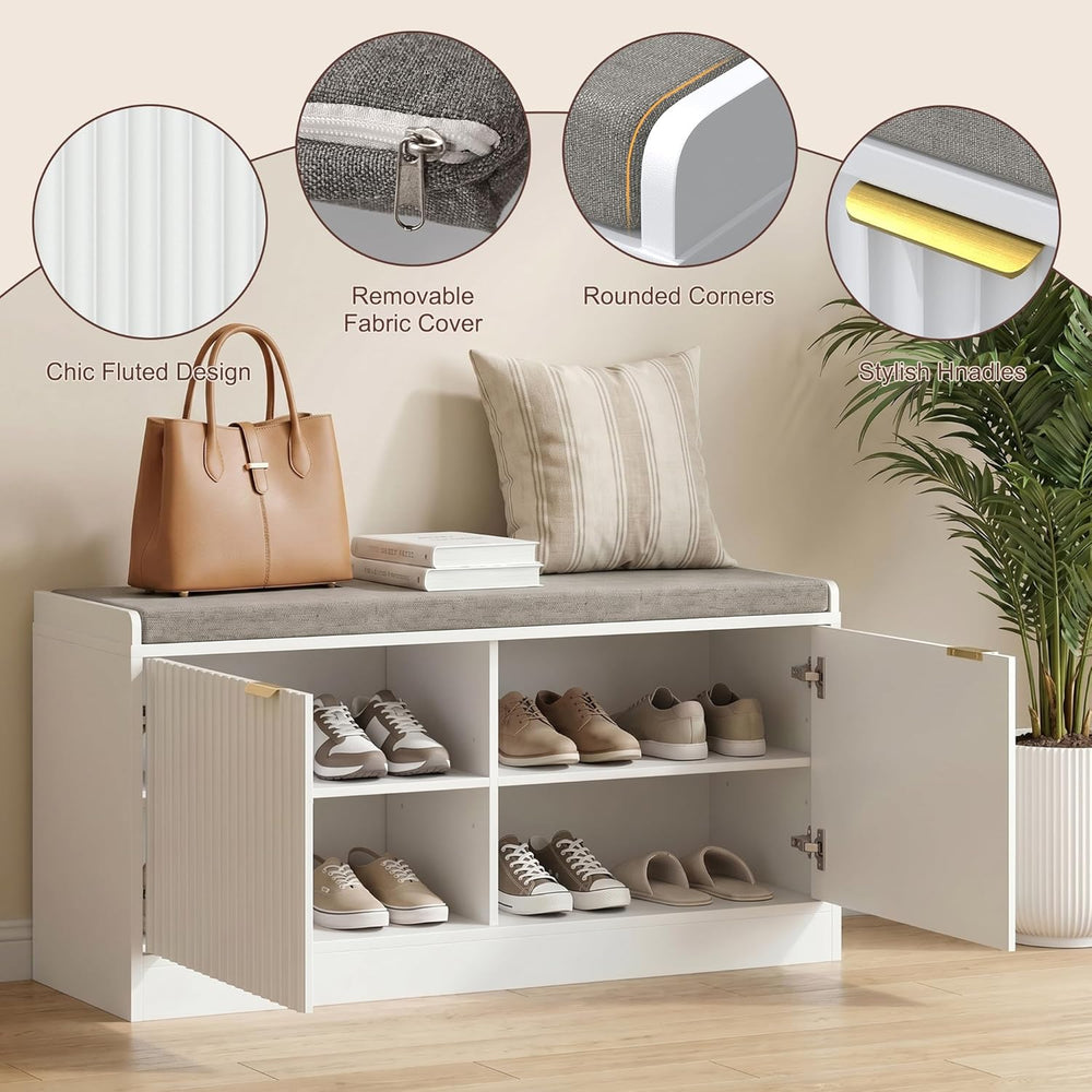 Fluted Shoe Storage Bench with Cushion, 2-Tier Entryway Shoe Bench with Adjus...
