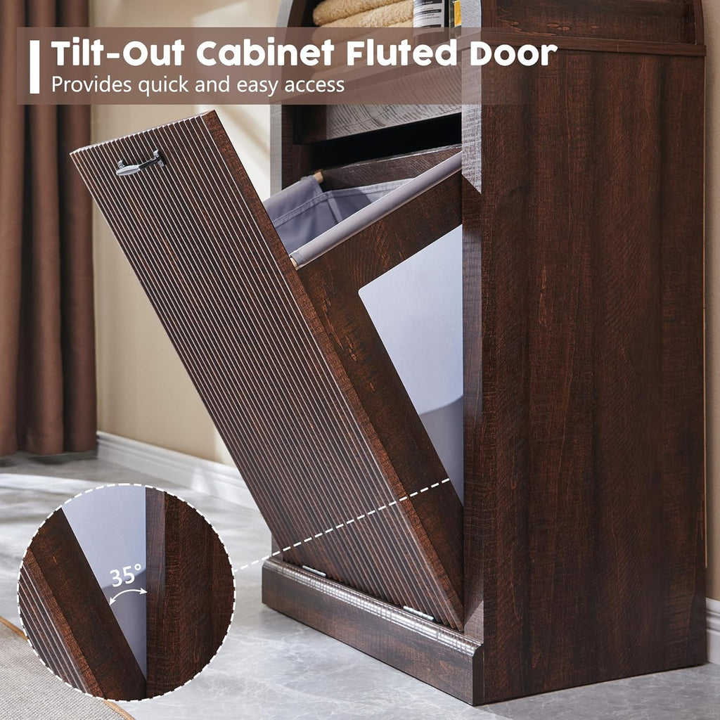 Arched Tilt-Out Trash Can Cabinet, Fluted 10 Gallon Trash Can Cabinet Set of 2, Modern Laundry Hamper, Hidden Garbage with Storage Basket for Kitchen, Living Room, Brown