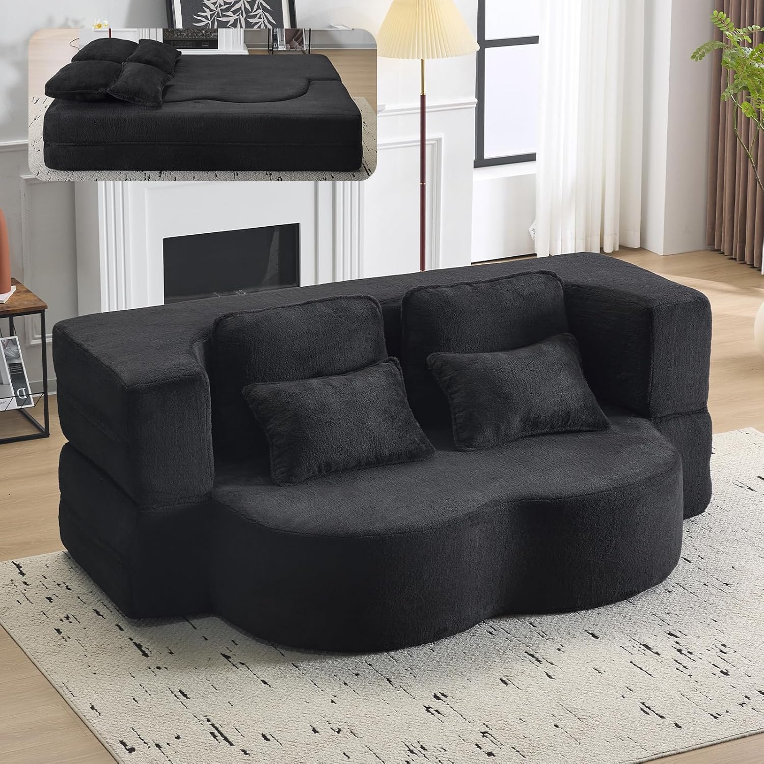 78” Folding Sleeper Sofa Bed, Full Size Boneless Couch, Black | Convertible Loveseat, Deep Seat, Soft Chenille, 4 Pillows, No Assembly Required, for Guest Living Room Bedroom