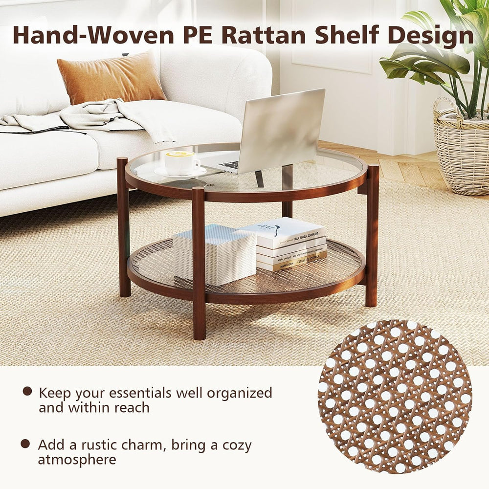 Rattan Coffee Table, 2-Tier Boho Glass Coffee Table with Solid Wood Frame &am...