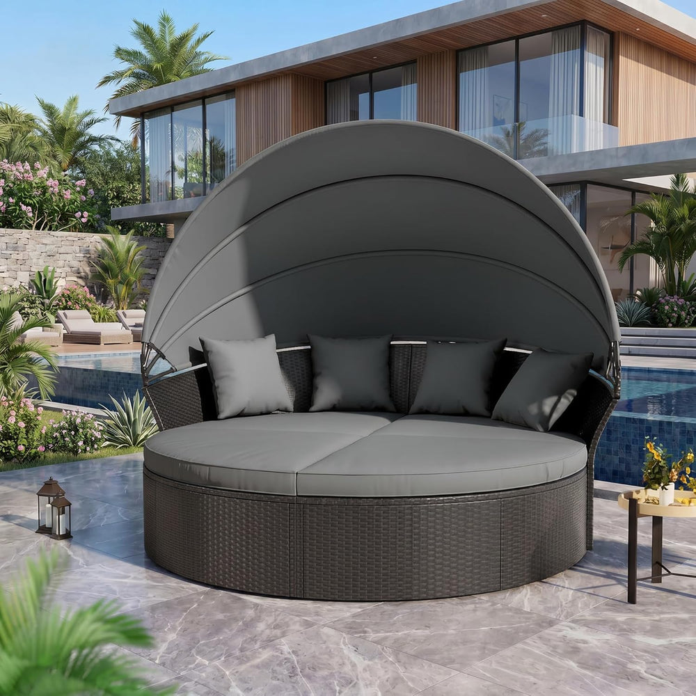 Crownland Round Patio Daybed with Retractable Canopy, Clamshell Wicker Sectio...